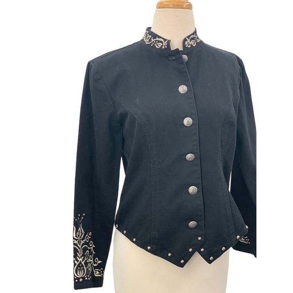 Stonebridge Petites LS Button Front Black Denim Jacket Embroidered Studded‎ 8P - Picture 2 of 5